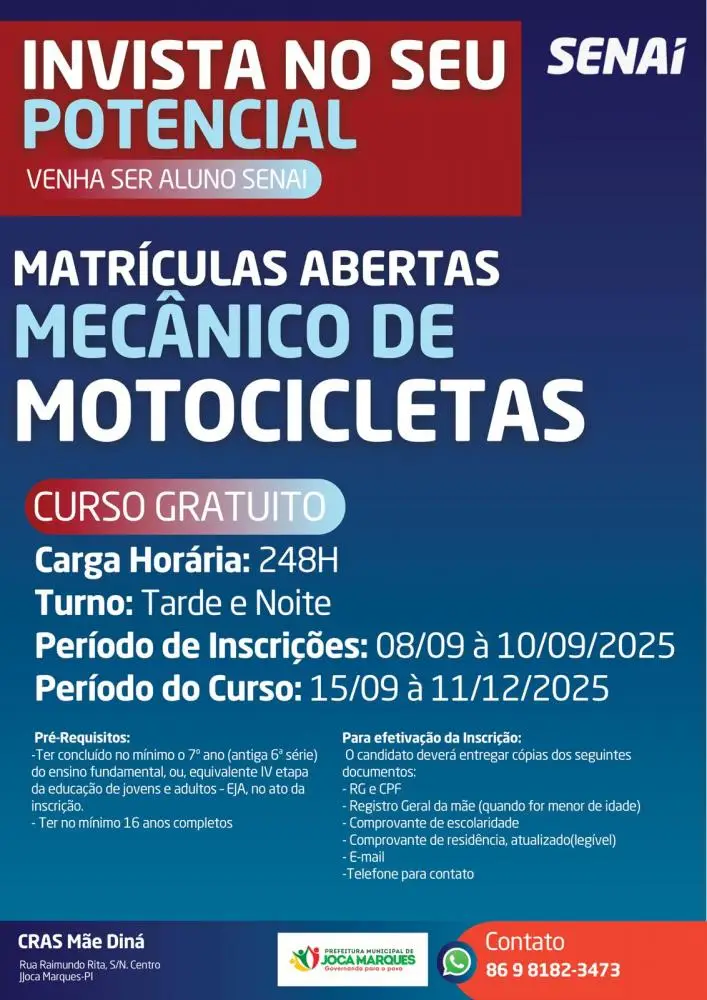 Abertas inscrições para curso gratuito de mecânico de motocicletas