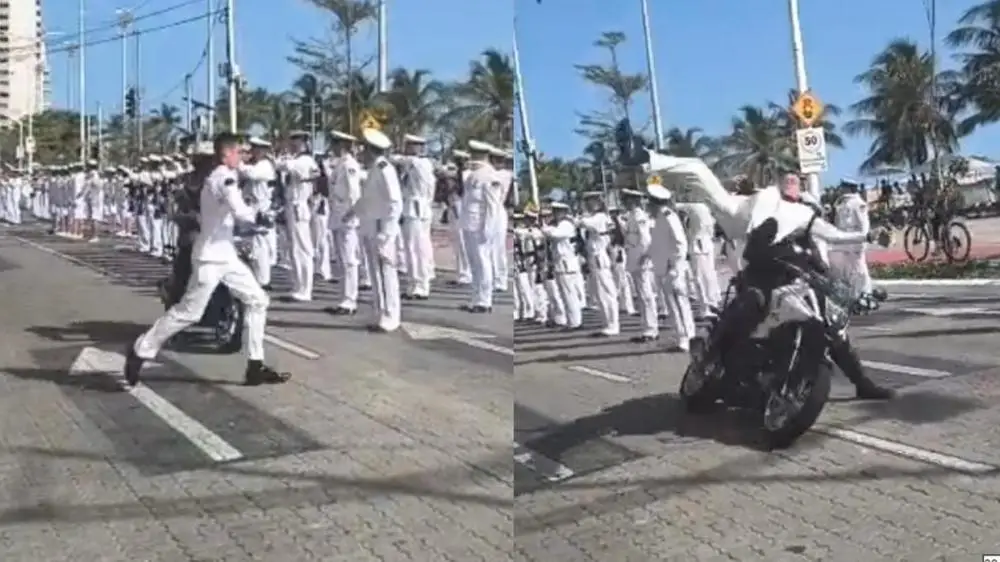 O militar estava fotografando o desfile, no meio da via, quando foi atingido por um motociclista que fazia o balizamento.