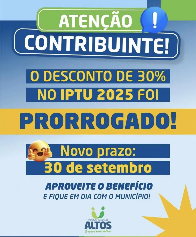 Prefeitura de Altos prorroga prazo para pagamento do IPTU 2025
