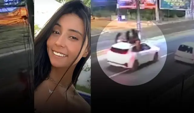 O vídeo mostra um veículo branco com quatro ocupantes em situações de risco: duas pessoas no teto solar, uma sentada na janela lateral e Amanda sobre o capô