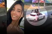 O vídeo mostra um veículo branco com quatro ocupantes em situações de risco: duas pessoas no teto solar, uma sentada na janela lateral e Amanda sobre o capô (Foto: )