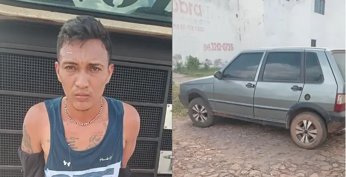 O assaltante preso e carro recuperado pelo GOE/Timon