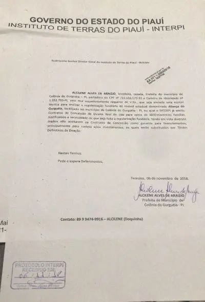 Documento encaminhado pela prefeita Doquinha