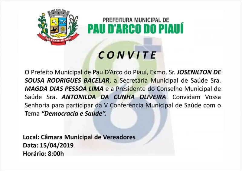 Convite para Conferência Municipal de Saúde de Pau D'arco do PI