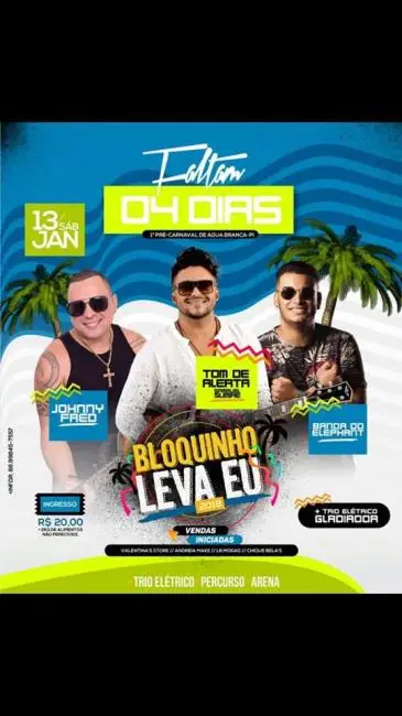 É dia 13 (sábado), a partir das 17 h, acontecerá o primeiro pré carnaval da cidade de Água Branca-PI,com o 