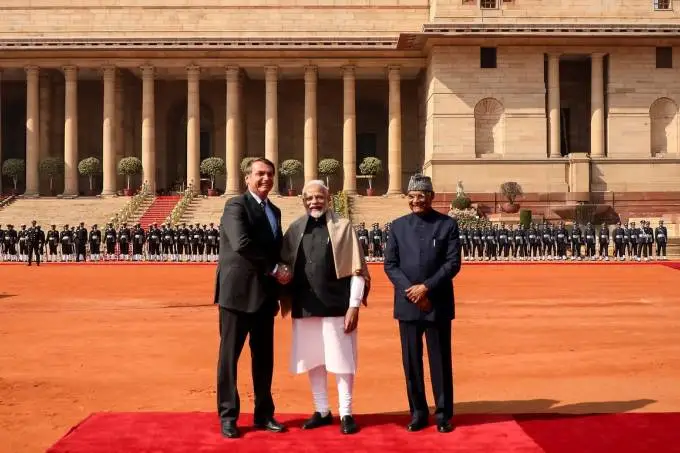 Visita oficial: Bolsonaro cumprimenta o primeiro-ministro da Índia, Narendra Modi -  Foto: Divulgação/Clauber Cleber Caetano